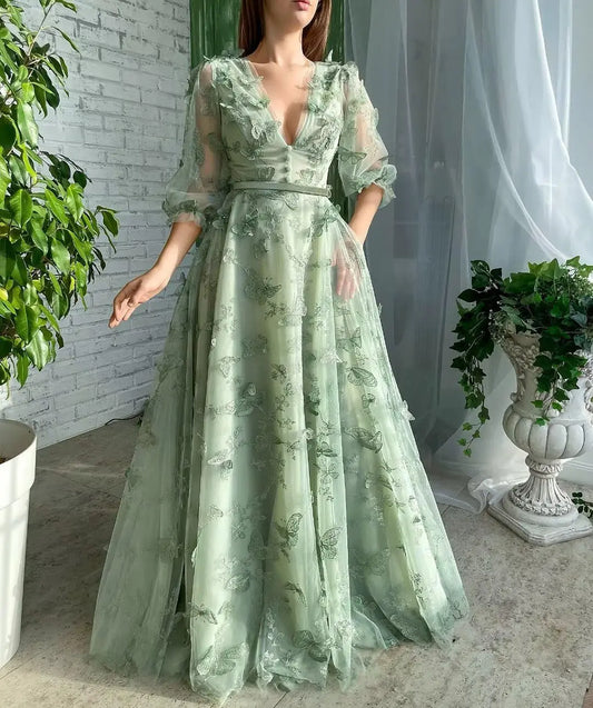 Vestidos de fiesta con mangas abullonadas para mujer, vestido de fiesta formal de noche con escote en V largo de tul y mariposa 3D. 