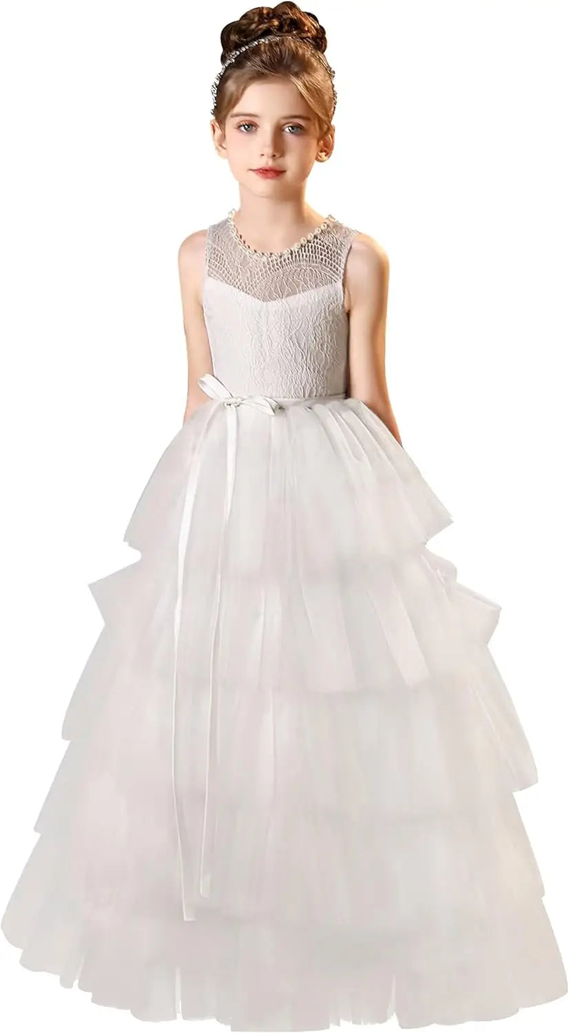 Vestidos de tul para niña de las flores para boda, vestido de encaje de primera comunión, vestidos de fiesta de desfile en capas para niñas 