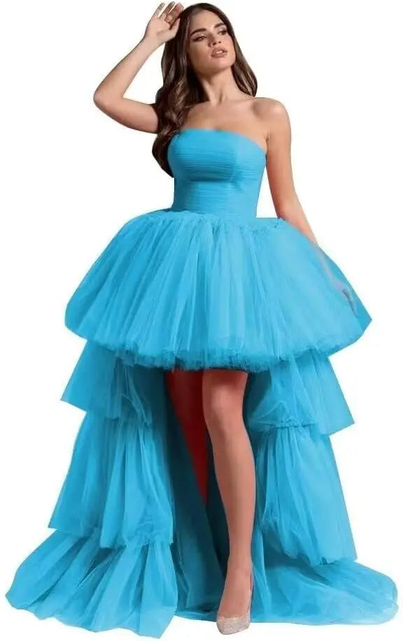 High Low Tüll Ballkleider Lange trägerlose gestufte Abendkleider A-Linie Abendkleid mit Schleppe Partykleider Damen Abend 