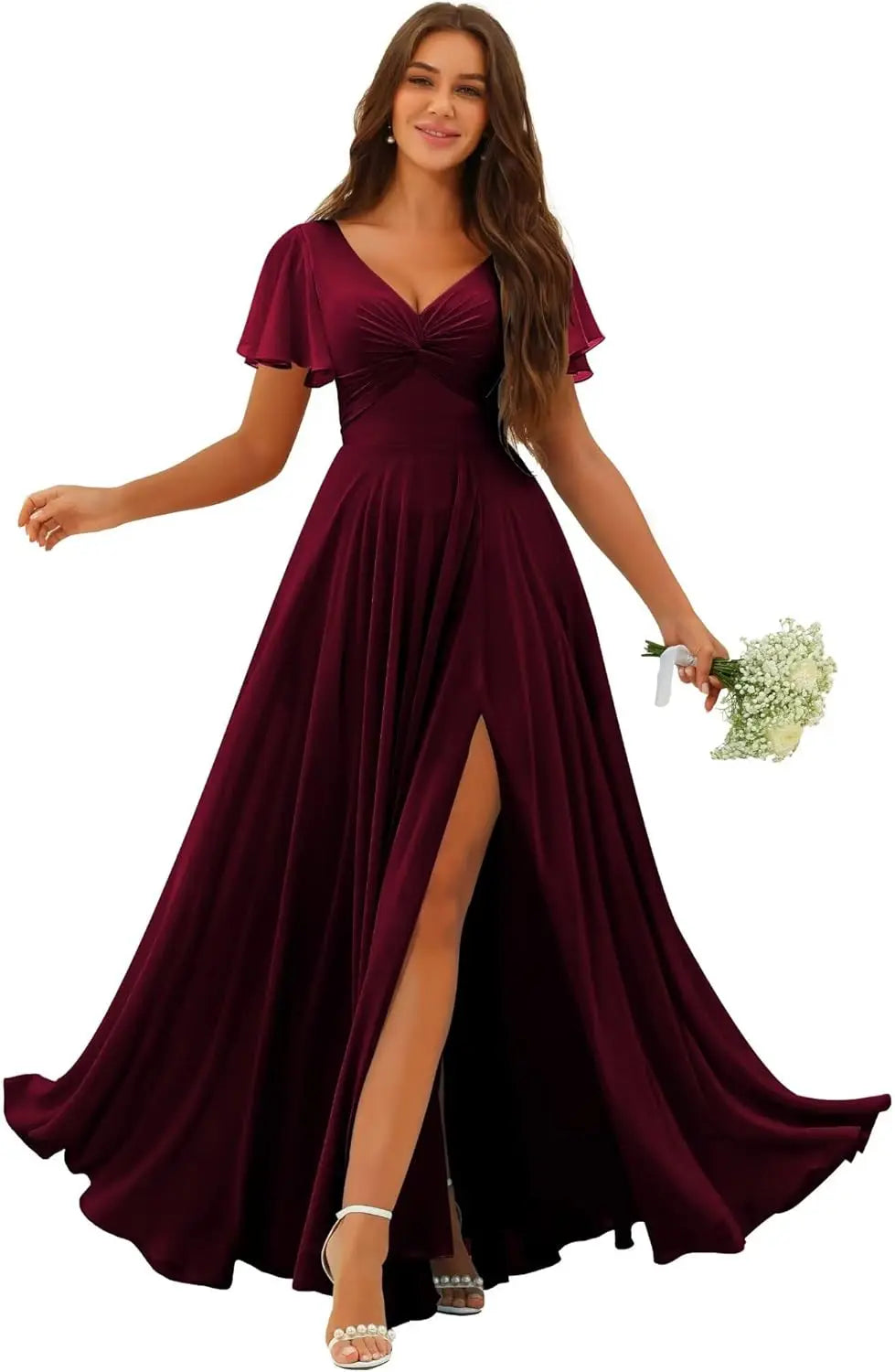 Custom Made Flutter Sleeves Split Bridesmaid Dresses with Slit Long V Neck Empire Waist Formal Evening Dress for Women Wedding