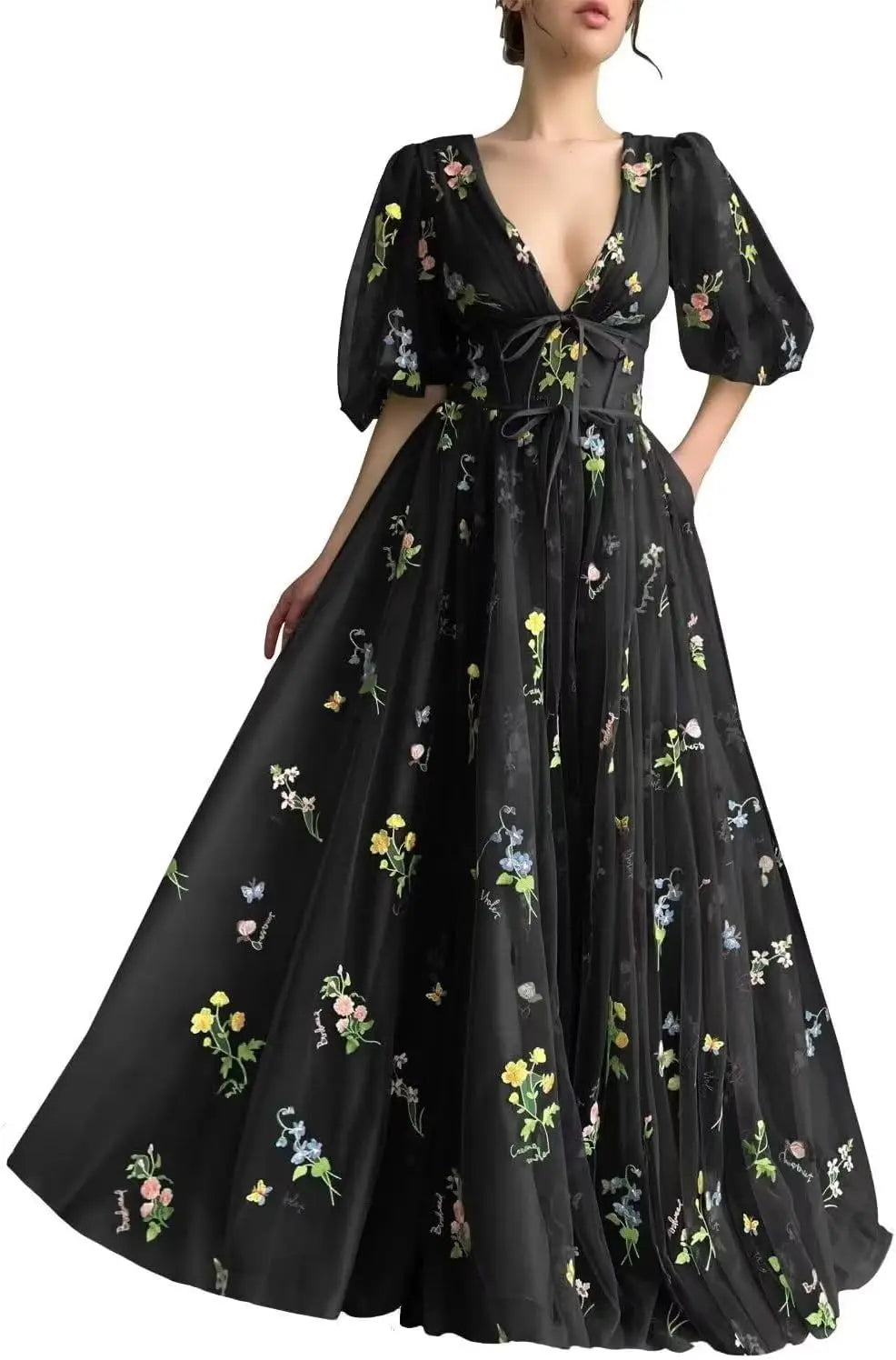 Women's Long Sleeve Flower Embroidery Tulle Prom Dresses Maxi A Line V Neck Fairy Formal Evening Party Gown Bridesmaid Dresses
