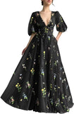 Women's Long Sleeve Flower Embroidery Tulle Prom Dresses Maxi A Line V Neck Fairy Formal Evening Party Gown Bridesmaid Dresses
