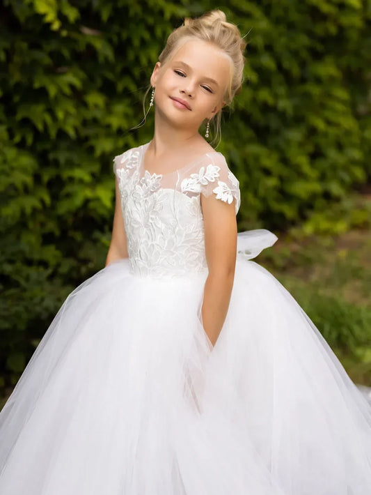 Sleeveless Elegant Little Girls Long Communion Pageant Party Gown Customized White Flower Girl Dress for Wedding Lace Appliques