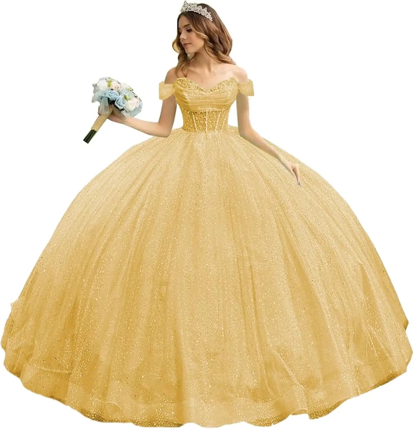 Tulle Quinceanera Dresses with Bow Puffy Off Shoulder Sweet 16 Dresses Sparkly Crystal Quince Dress with Train