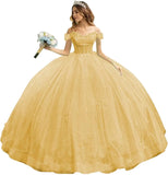 Tulle Quinceanera Dresses with Bow Puffy Off Shoulder Sweet 16 Dresses Sparkly Crystal Quince Dress with Train