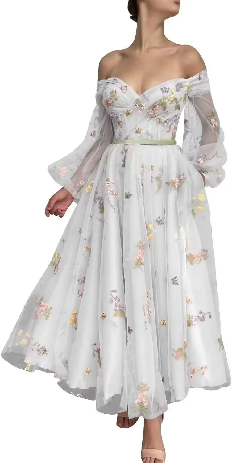 Bridesmaid Dress Long Sleeve Flower Embroidery Lace Tulle Prom Dresses for Women A Line Fairy Maxi Formal Evening Party Gowns
