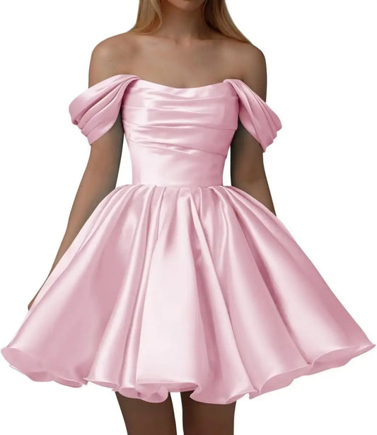 Damen Schulterfreies Satin-Heimkehrkleid A-Linie Kurzes plissiertes trägerloses Ballkleid für Hochzeitskleidparty 