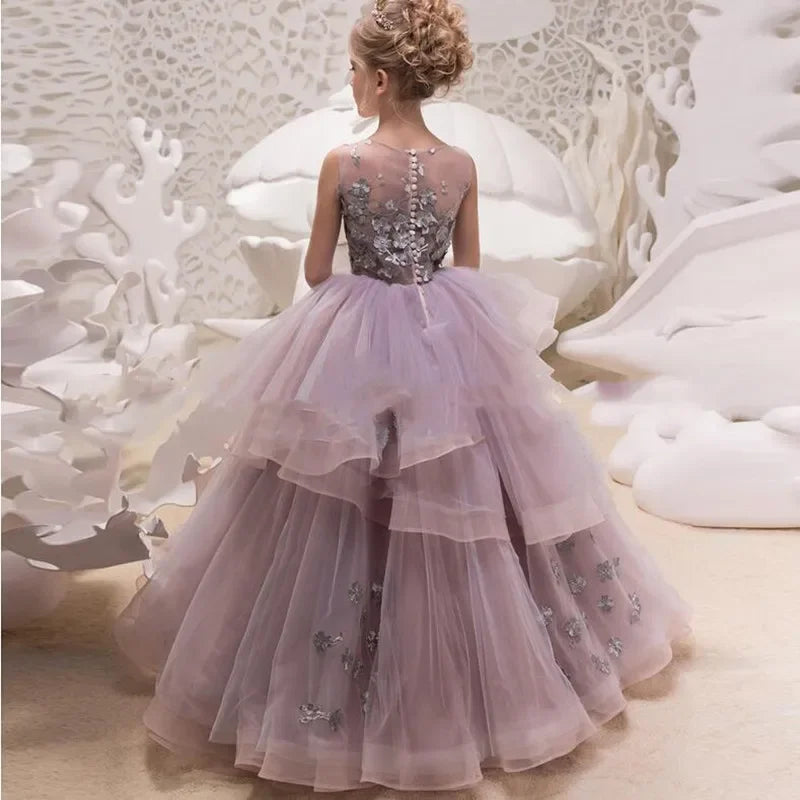 Children's Gifts Flower Girl Dresses For Wedding Ruffles Lace Appliqued Layered First Communion Birthday Prom Party Dress