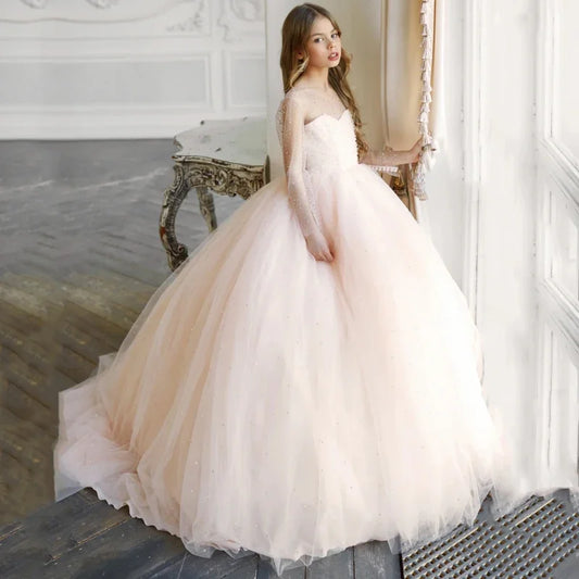 Light Pink Tulle Puffy Sequin With Trailing Long Sleeve For Wedding Birthday Party Banquet Princess Gowns Flower Girls Dresses