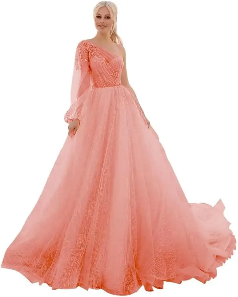 One Shoulder Appliques Tulle Prom Dresses Glitter Ball Gown Wedding Dress Princess Formal Gown