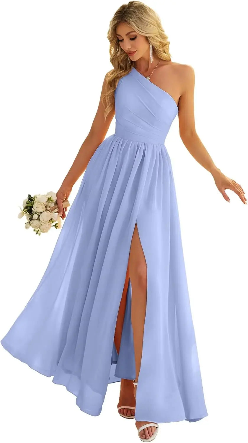 Women's One Shoulder Bridesmaid Dresses for Wedding Chiffon Side Split Reched Formal Evening Dress Sleeveless
