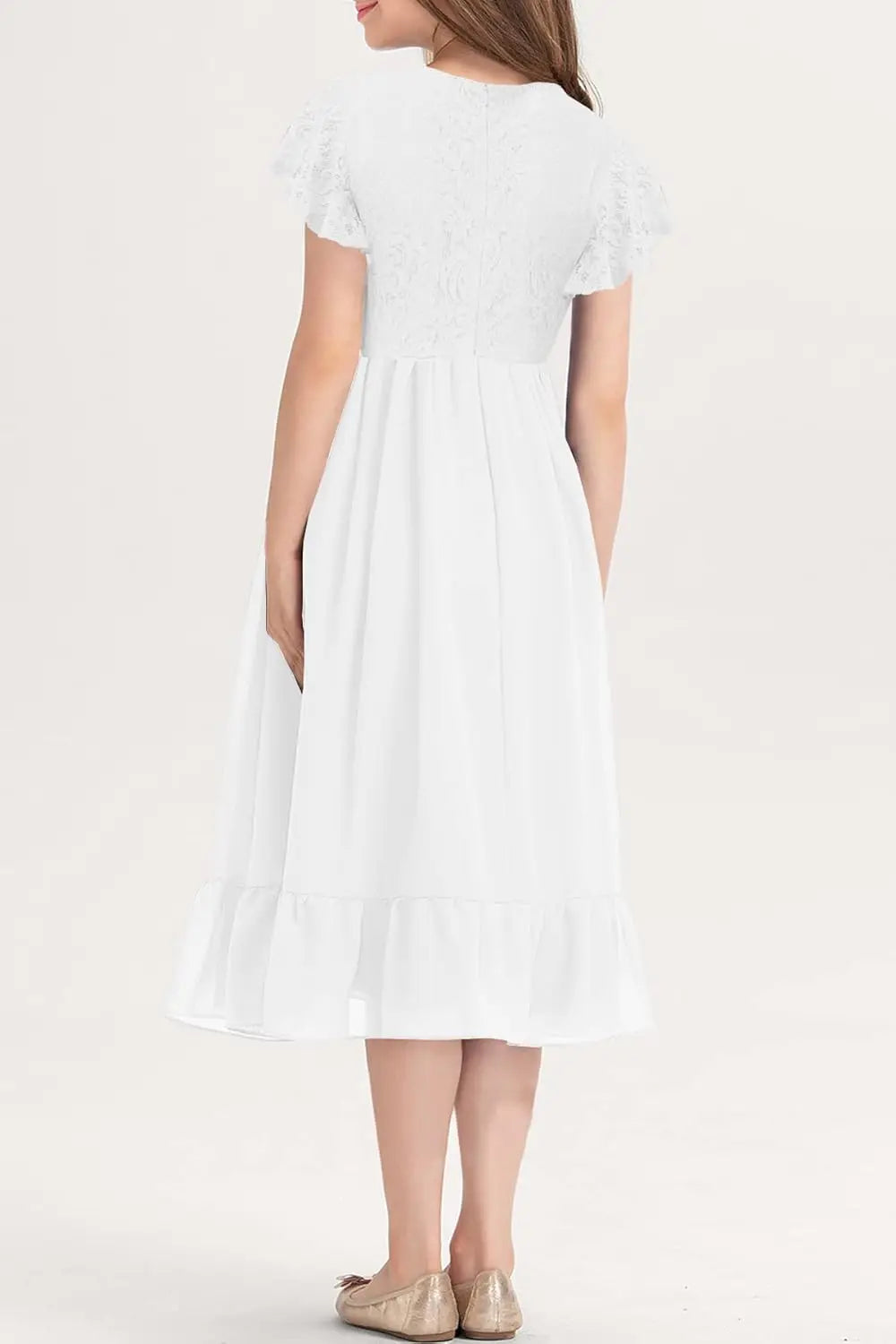 Girls Elegant Lace Flower Crew Neck Ruffle Chiffon A-Line Flowy Birthday Party Midi Dress ball gown  princess dress