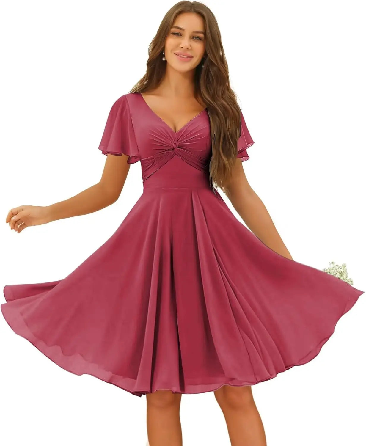 Women's Pleated Chiffon Flutter Sleeves Junior Bridesmaid Dresses with Pockets V Neck Short Formal Dress Wedding Party Gowns