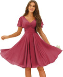 Women's Pleated Chiffon Flutter Sleeves Junior Bridesmaid Dresses with Pockets V Neck Short Formal Dress Wedding Party Gowns