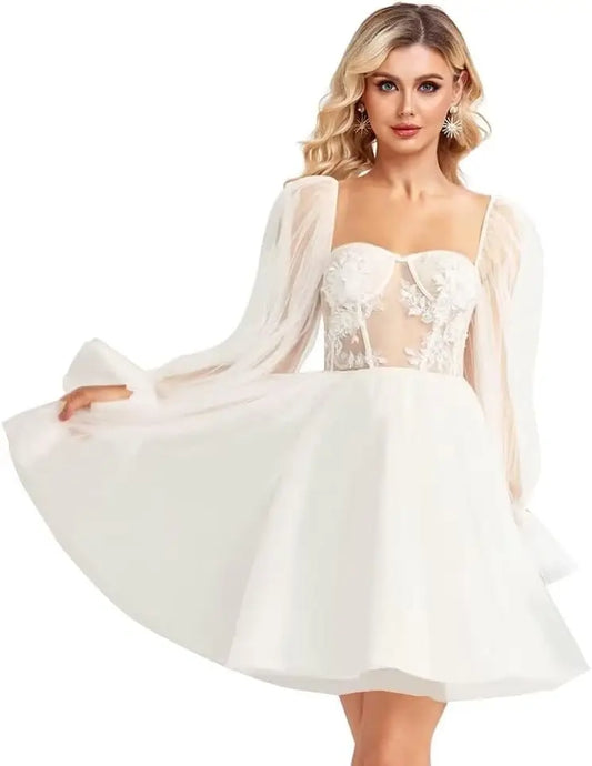 Langärmliges Tüll-Heimkehrkleid, kurzes Brautkleid, herzförmiger Ausschnitt, Spitzenapplikation, Ballkleider für Teenager, Cocktailkleid 
