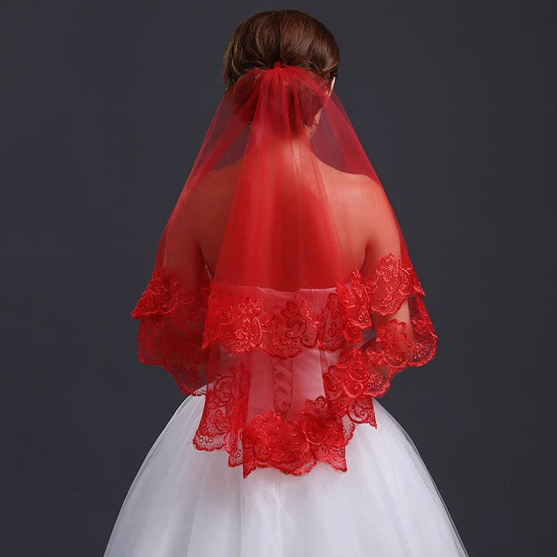 White Ivory Red Black Bridal Veil Lace Short Elbow Wedding Tulle Appliques Embroidery Edge Long Cathedral Bride Veils 1.4M 265cm
