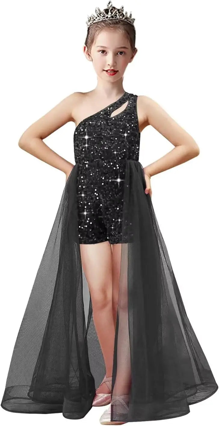 Einschultriges Festzugskleid, Jumpsuits, Blumenmädchenkleid, Pailletten-Mädchen-Ballkleider, Tüll-Strampler, Maxikleid mit Cape, Partykleider 