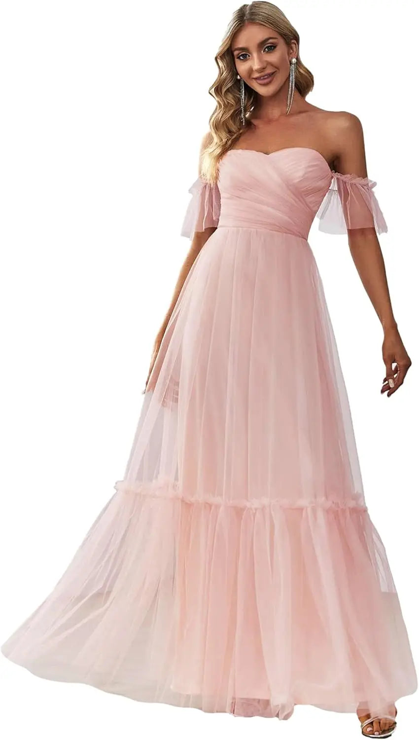 Women's Formal Dress Sweetheart Off-Shoulder Ruched Tulle Maxi Bridesmaid Dresses elegant dress women for wedding party