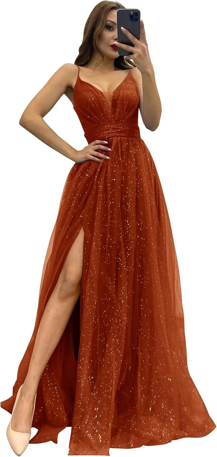 2025 Sparkly Tulle Formal Prom Dress Pleated A-Line Ball Gown with Spaghetti Straps Slit for Women Evening Dresses