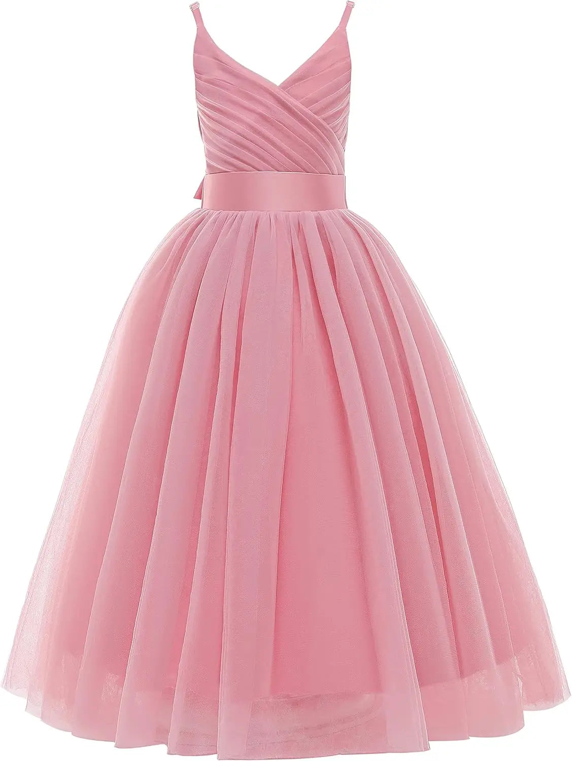 Vestido de tul con tirantes finos para niñas de flores, largo, corte A, para bodas, desfiles, princesas, fiestas de cumpleaños, vestidos de gala 