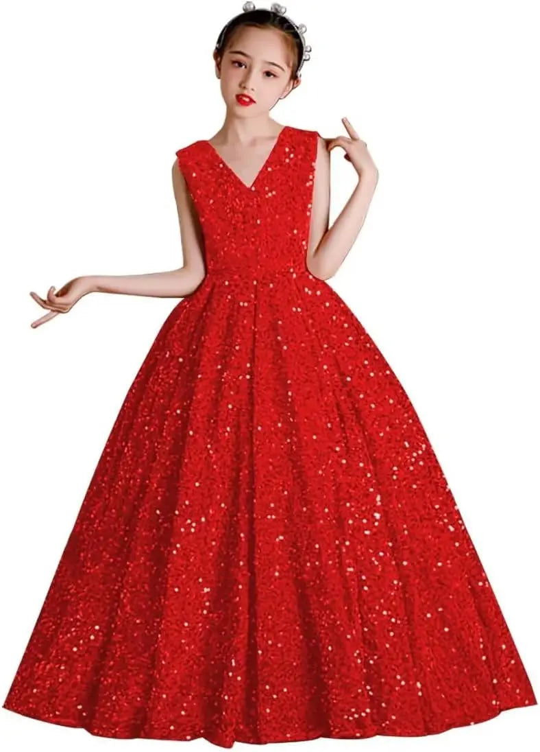 Vestidos de desfile con lentejuelas y cuello en V para niñas, vestidos de baile brillantes para niñas de las flores, vestidos de princesa para niñas pequeñas, vestido de comunión 