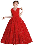 Vestidos de desfile con lentejuelas y cuello en V para niñas, vestidos de baile brillantes para niñas de las flores, vestidos de princesa para niñas pequeñas, vestido de comunión 