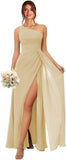 One Shoulder Bridesmaid Dresses for Women Long Ruched Chiffon A Line Formal Evening Dress with Slit prom dresses