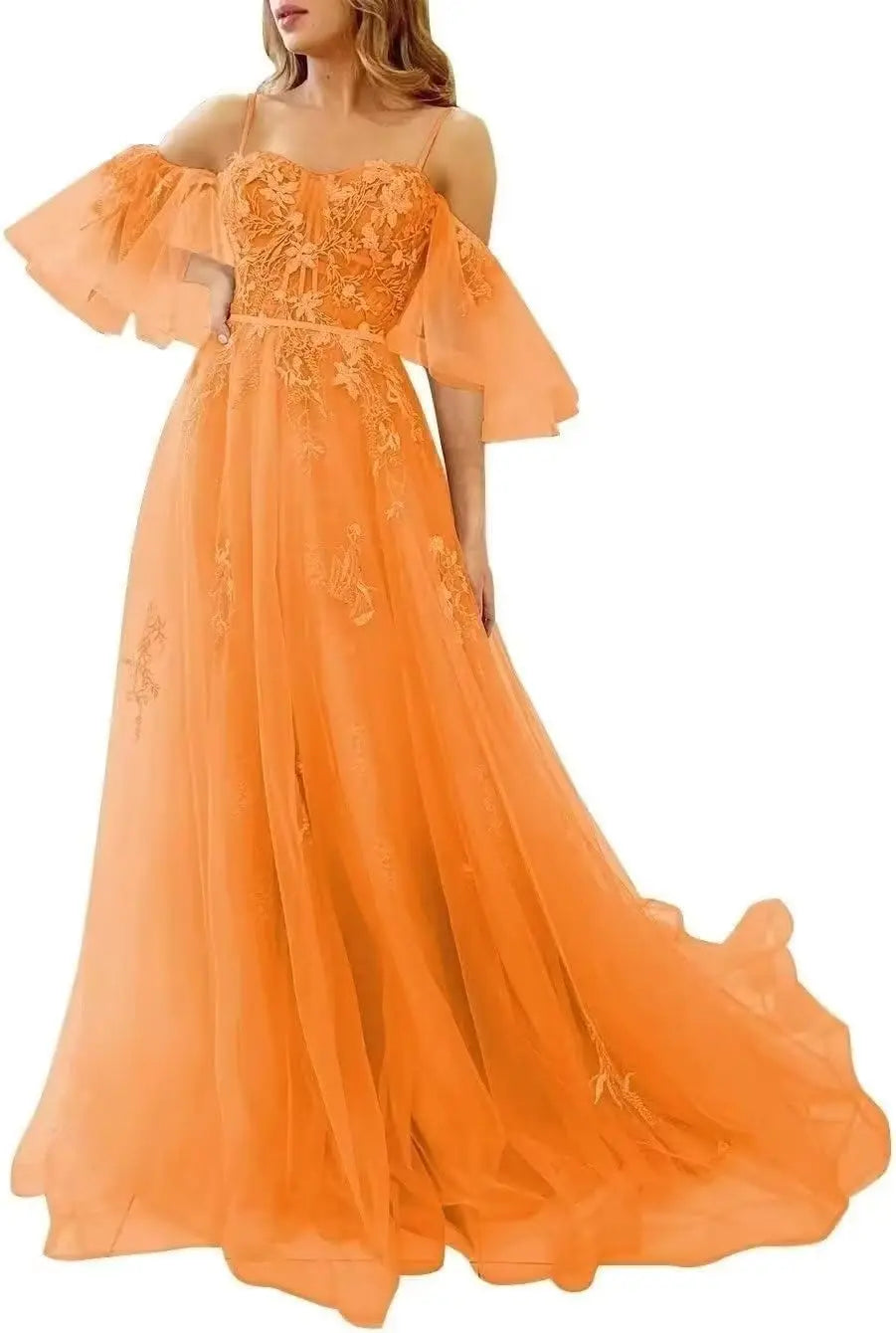 Lace Applique Tulle Prom Dresses Off Shoulder Puffy Sleeves Wedding Dress Long Women Sweetheart A Line Evening Gowns