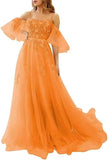 Lace Applique Tulle Prom Dresses Off Shoulder Puffy Sleeves Wedding Dress Long Women Sweetheart A Line Evening Gowns