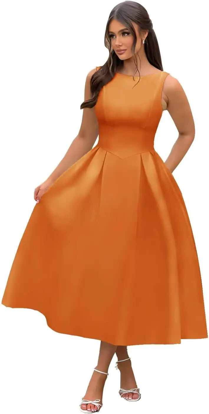 Vestidos de fiesta de satén con cuello barco y midi, largos hasta la rodilla, espalda escotada, corte en A, vestidos formales de noche para fiesta, vestido de cóctel y fiesta 