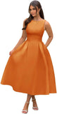 Vestidos de fiesta de satén con cuello barco y midi, largos hasta la rodilla, espalda escotada, corte en A, vestidos formales de noche para fiesta, vestido de cóctel y fiesta 