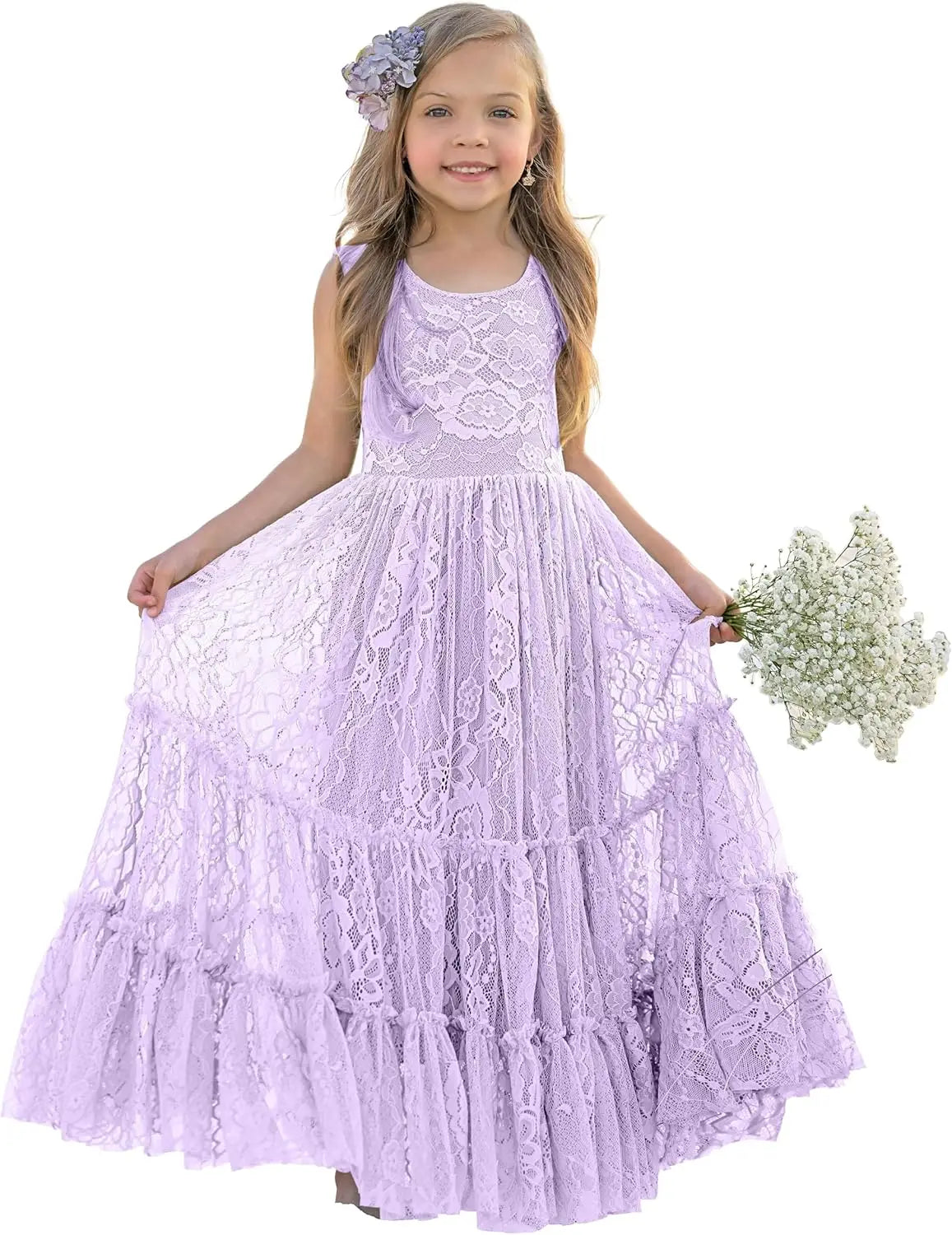 Blumenmädchenkleid Spitze Boho Kleinkindkleider Rüschen Mädchenkleid für Hochzeit Gartenparty Urlaub Kommunion Ärmellos Prinzessin 