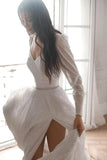 Glitter Prom Dresses Simple Long Sleeve Wedding Dresses for Bride A Line Princess Ball Gown with Slit simple wedding dress