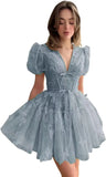 3D Butterfly Tulle Homecoming Dresses for Teens A-Line Short Sleeve Prom Cocktail Dress with Butterfly Appliques