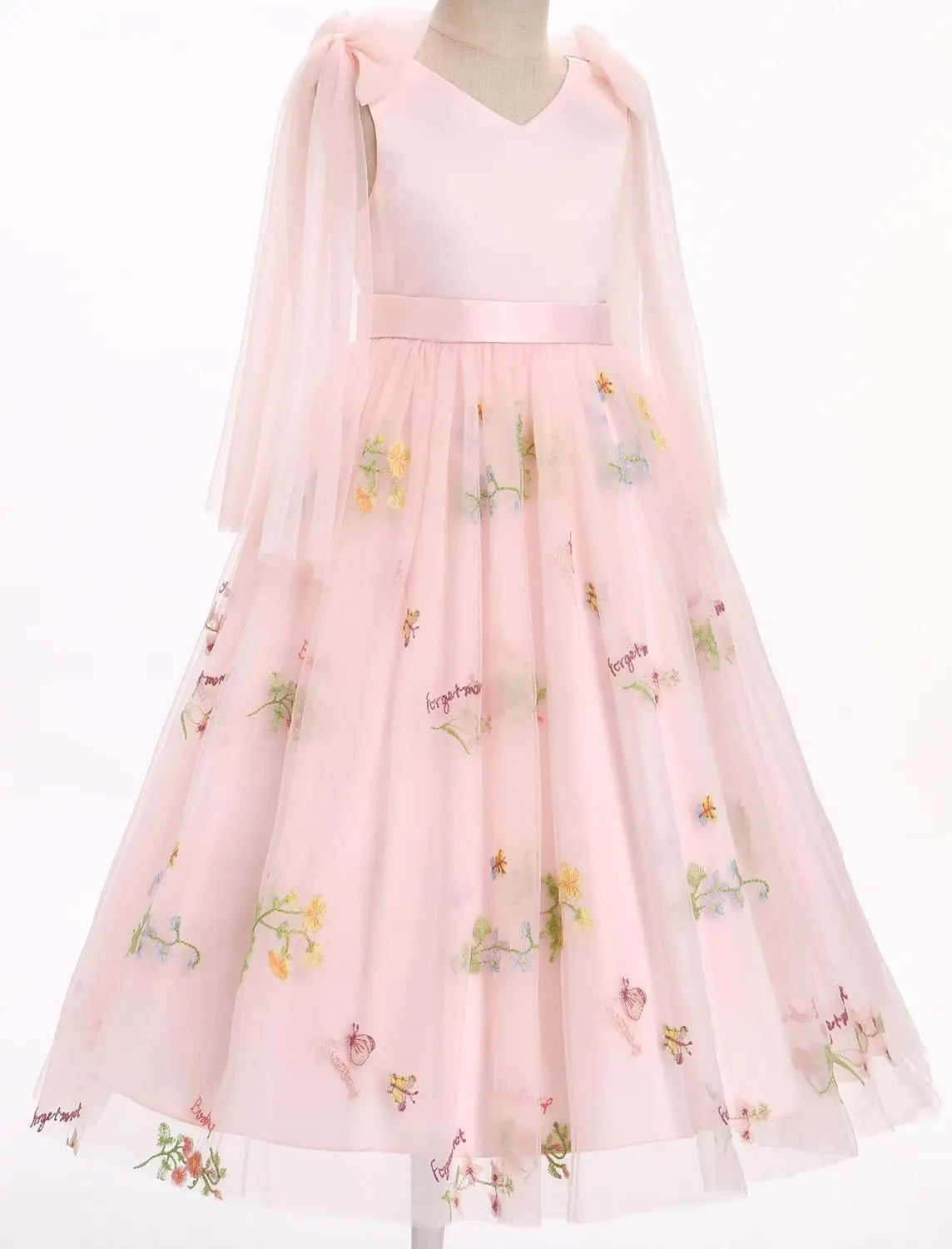 Flower Girl Maxi Dress Wedding Formal Bridesmaid Floral Embroidered Tulle Skirt Princess Pageant First Communion Gown