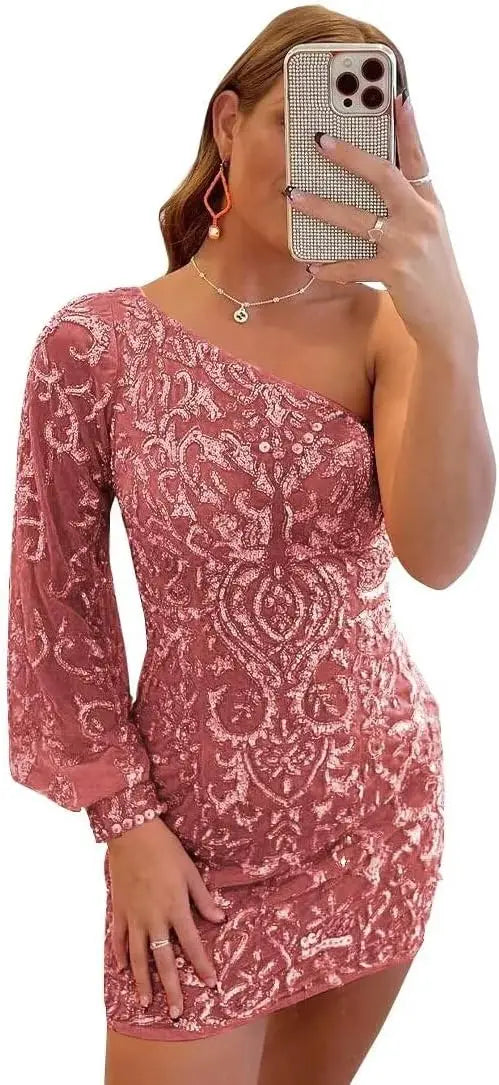 Vestidos de fiesta de encaje con lentejuelas brillantes para adolescentes, mangas abullonadas, un hombro, minivestido de cóctel para graduación, vestidos de noche 