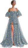 Sparkly Starry Tulle Prom Dresses for Women Slit Long Puffy Sleeve Glitter Star Formal Evening Party Gown Junior Bridesmaid Gown