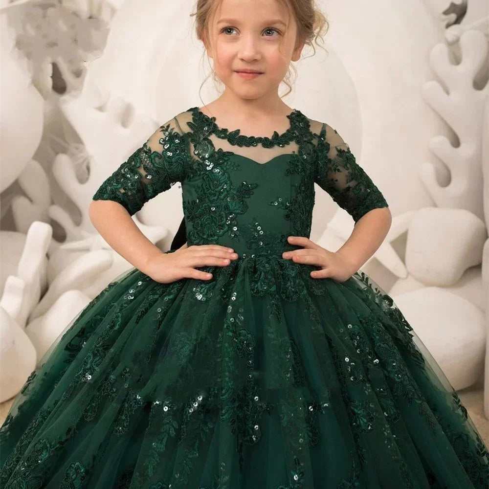 Lace Appliques Princess Kids Birthday Party First Holy Communion Gowns Sequins Flower Girl Dress Pageant Gown For Wedding