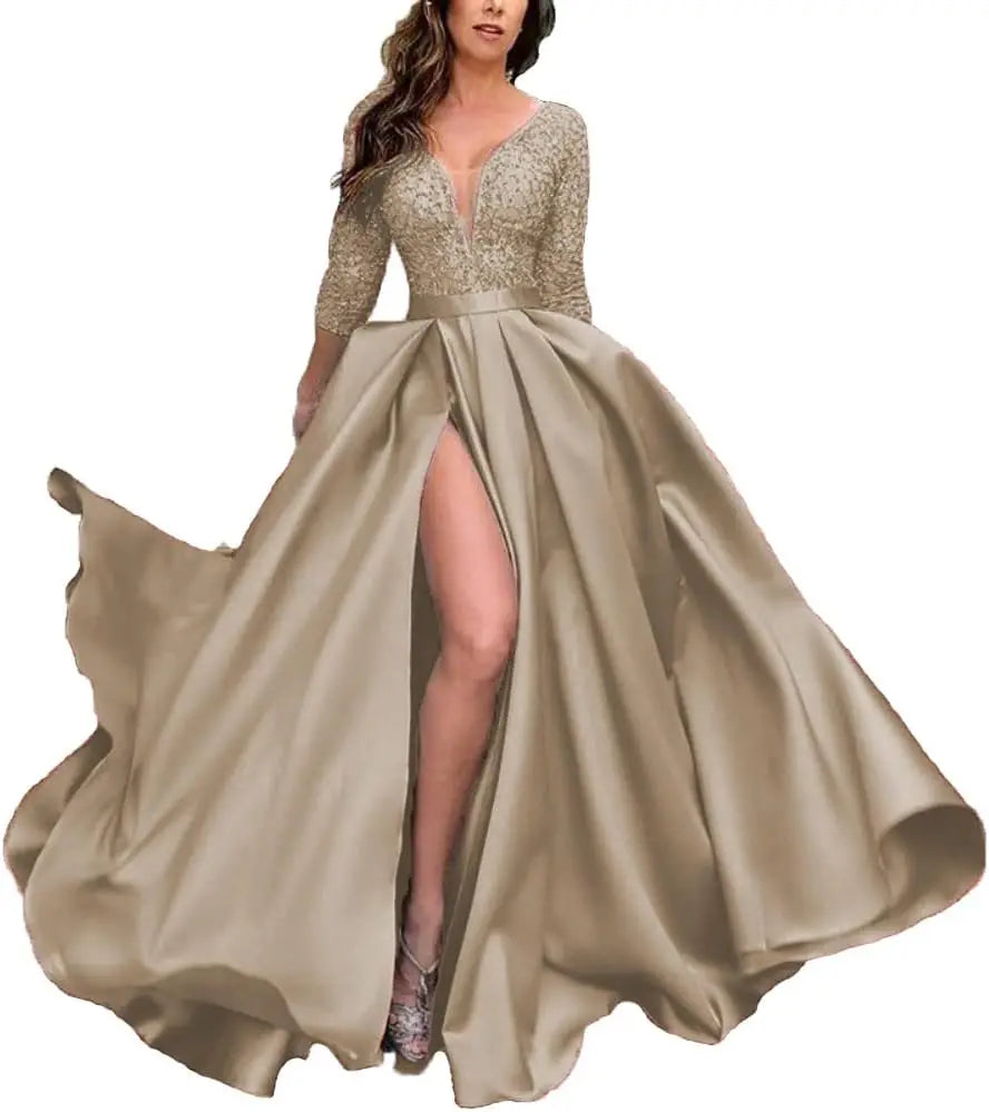 Deep V-Neck Satin Prom Dress for Women, 3/4 Sleeve Formal Evening Gown with Pockets, Elegant Party Dress
