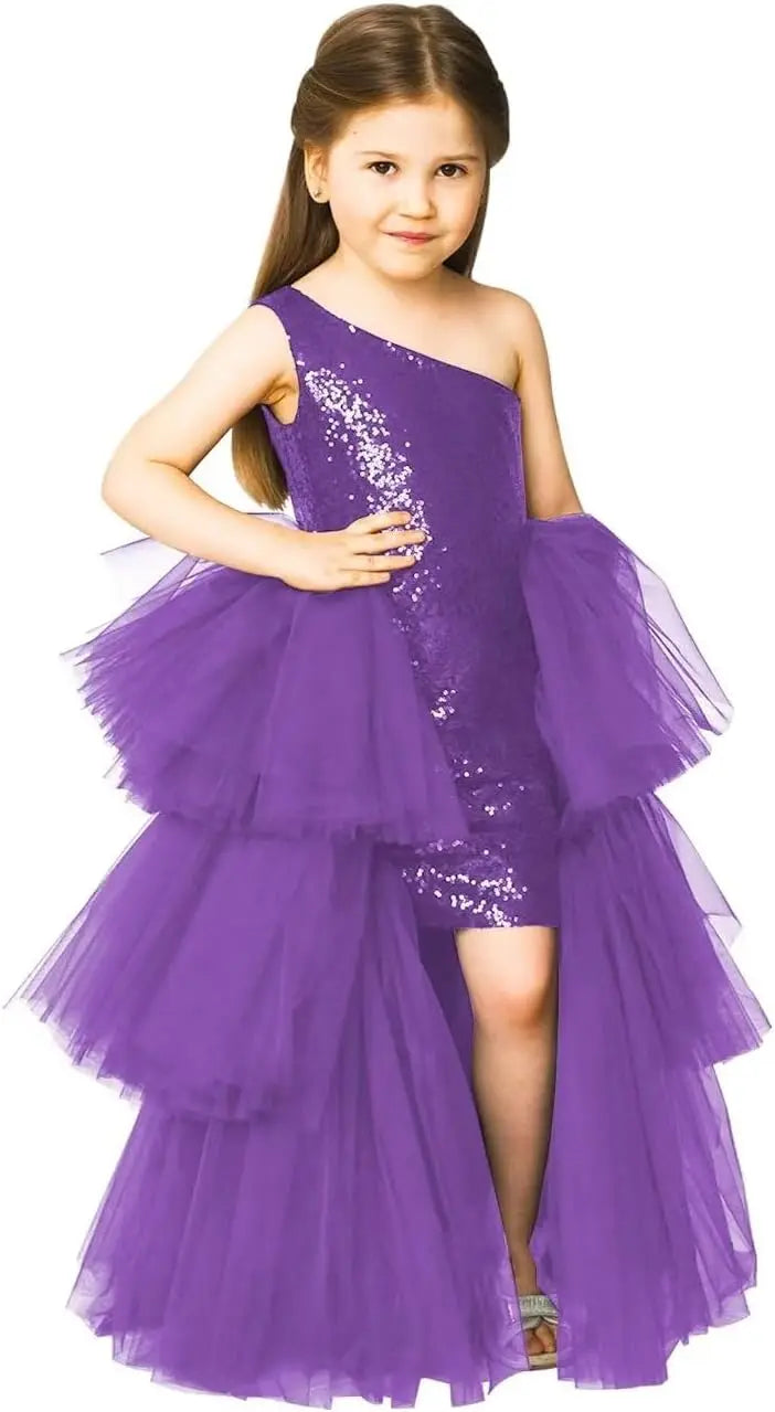 One Shoulder Sequin Pagent Dresses Girls Tulle Ball Gown Layered High Low Flower Girl Dress for Wedding princess dress