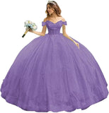 Tulle Quinceanera Dresses with Bow Puffy Off Shoulder Sweet 16 Dresses Sparkly Crystal Quince Dress with Train