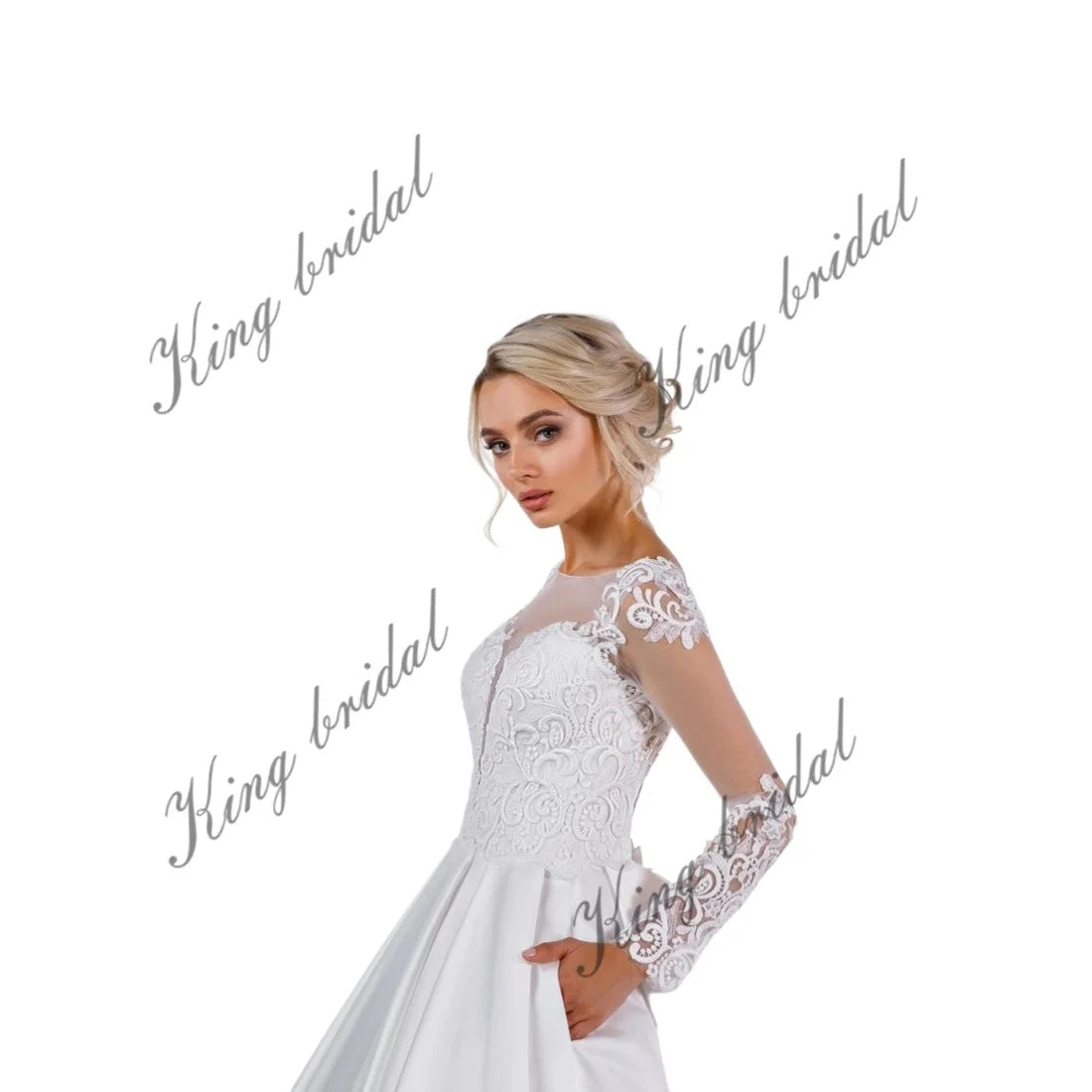 Vestido de novia de satén con encaje y espalda descubierta, blanco, de manga larga, escote en V profundo, personalizado, con apliques de tul y encaje. 