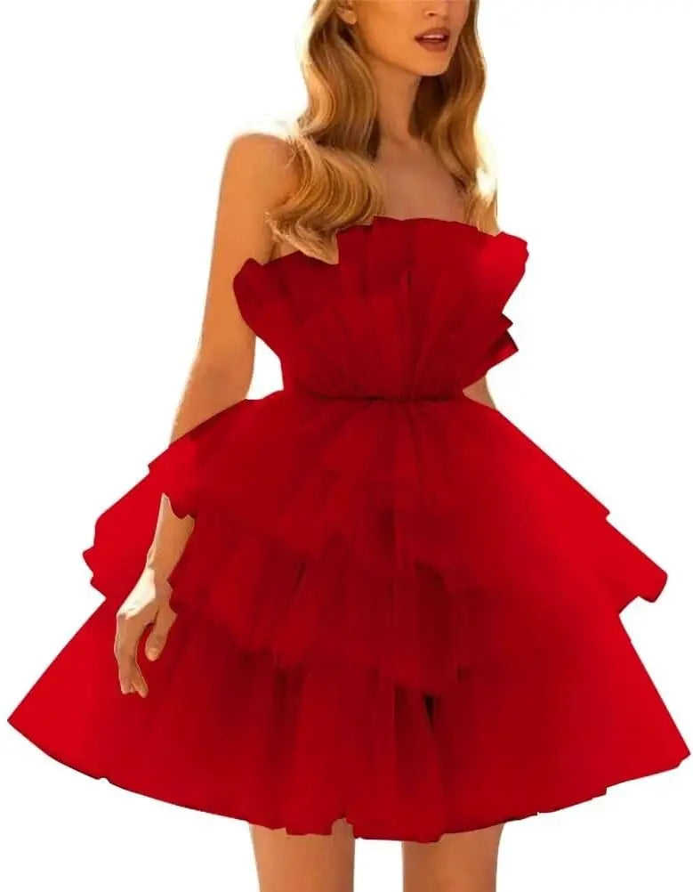 Vestidos de fiesta de tul con hombros descubiertos, abullonados, cortos, sin tirantes, de malla, con volantes, formales, para cóctel o gala 