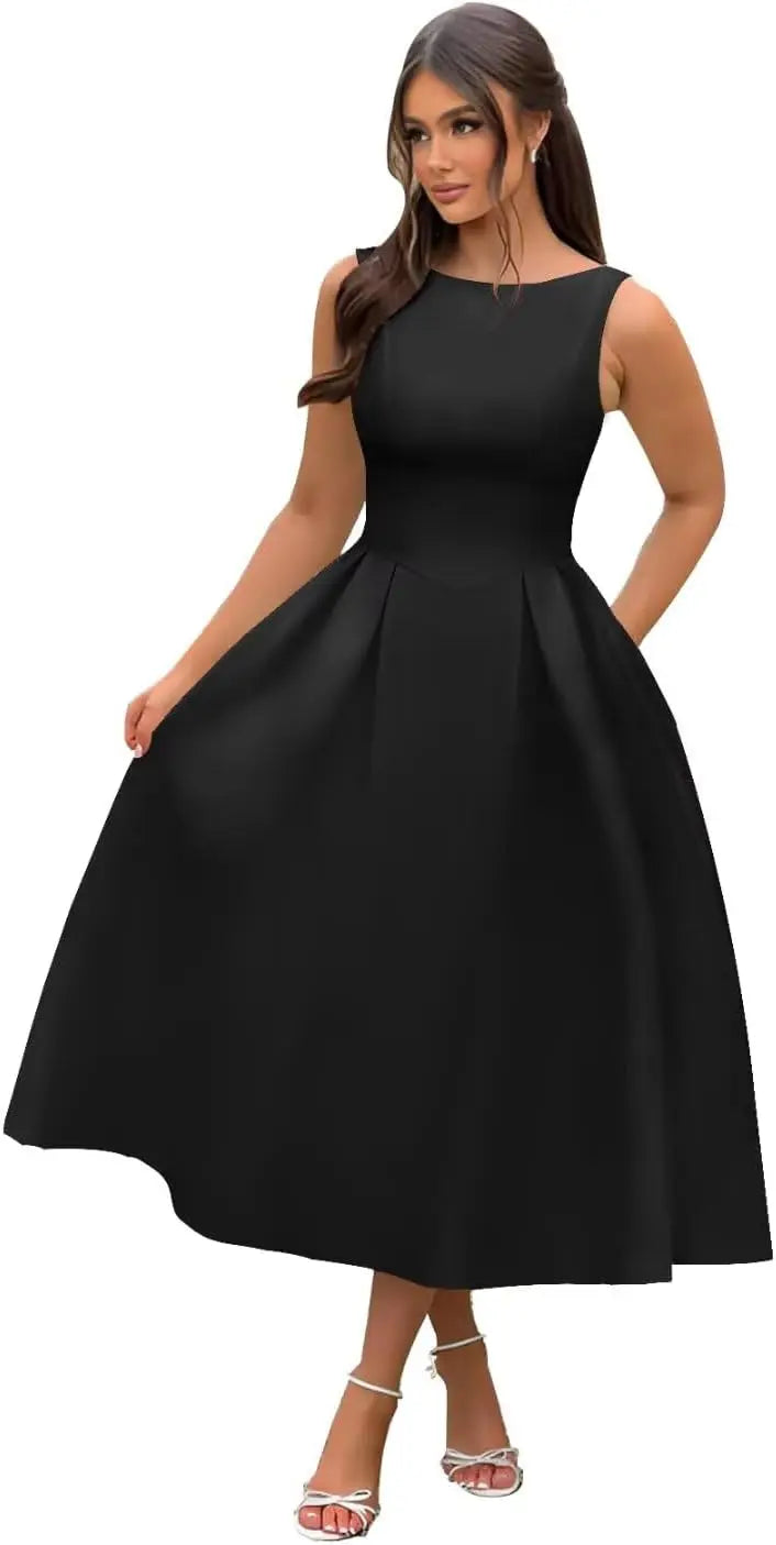 Vestidos de fiesta de satén con cuello barco y midi, largos hasta la rodilla, espalda escotada, corte en A, vestidos formales de noche para fiesta, vestido de cóctel y fiesta 