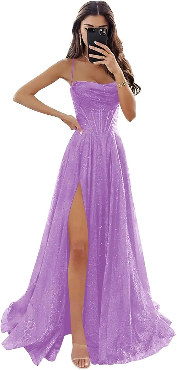 Damen Spaghettiträger Glitzer Tüll Ballkleider mit Schlitz Wasserfallausschnitt Langes formelles Abendkleid Partykleid 