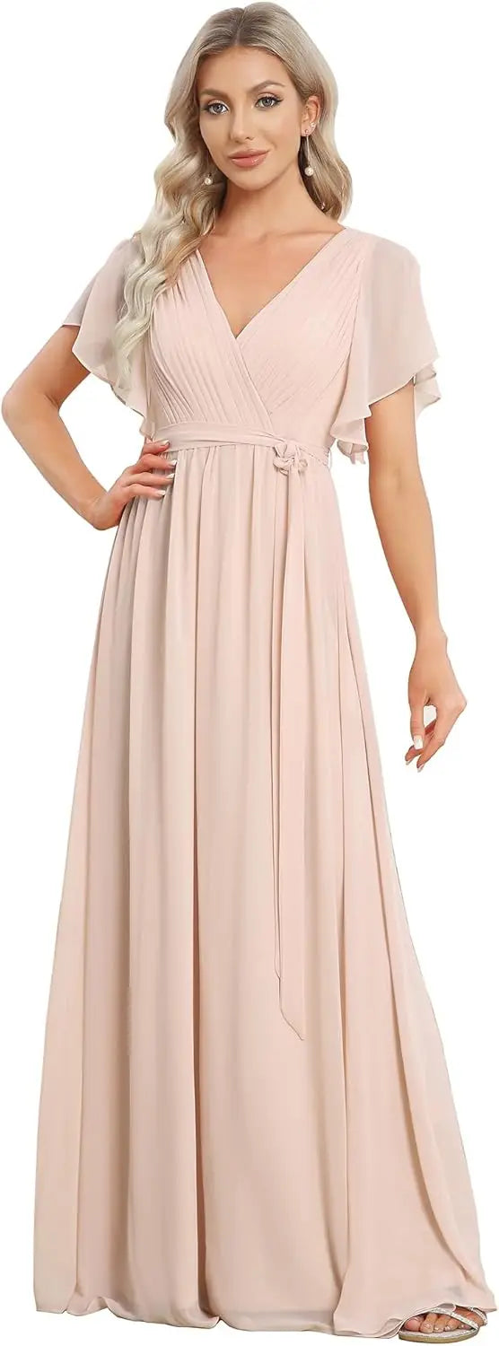 Vestido de dama de honor para mujer, escote en V, mangas con volantes, busto fruncido, largo hasta el suelo, de gasa, vestido formal para invitada de boda. 