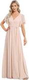 Vestido de dama de honor para mujer, escote en V, mangas con volantes, busto fruncido, largo hasta el suelo, de gasa, vestido formal para invitada de boda. 