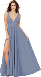 Elegant Women's Long Chiffon Bridesmaid Dresses Deep V-Neck Sleeveless Slit Formal Evening Party Gowns prom dresses