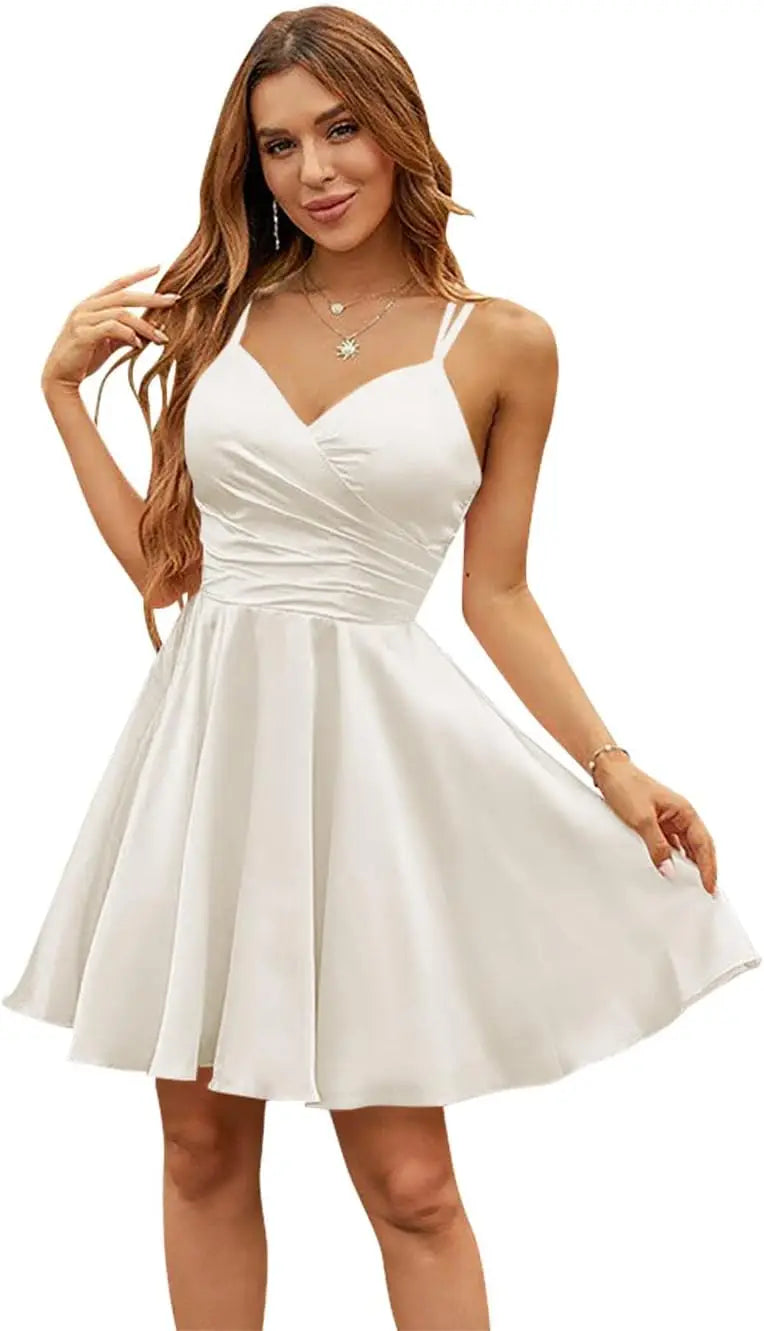 Vestidos de satén con escote en V para adolescentes, vestidos cortos de fiesta de graduación, tirantes finos, vestidos de cóctel con bolsillos, vestidos de dama de honor 