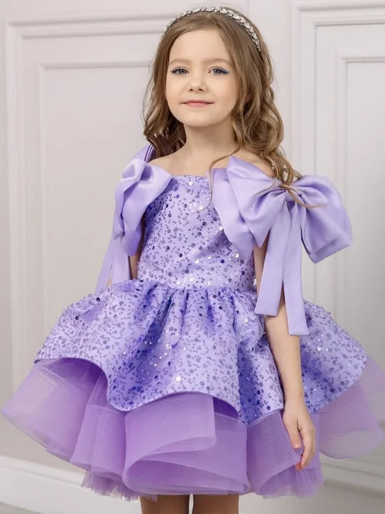 Pink Tulle Sequin With Bow Sleeveless For Wedding Prom Birthday Party Banquet Holy Communion Gown Customized Flower Girl Dress